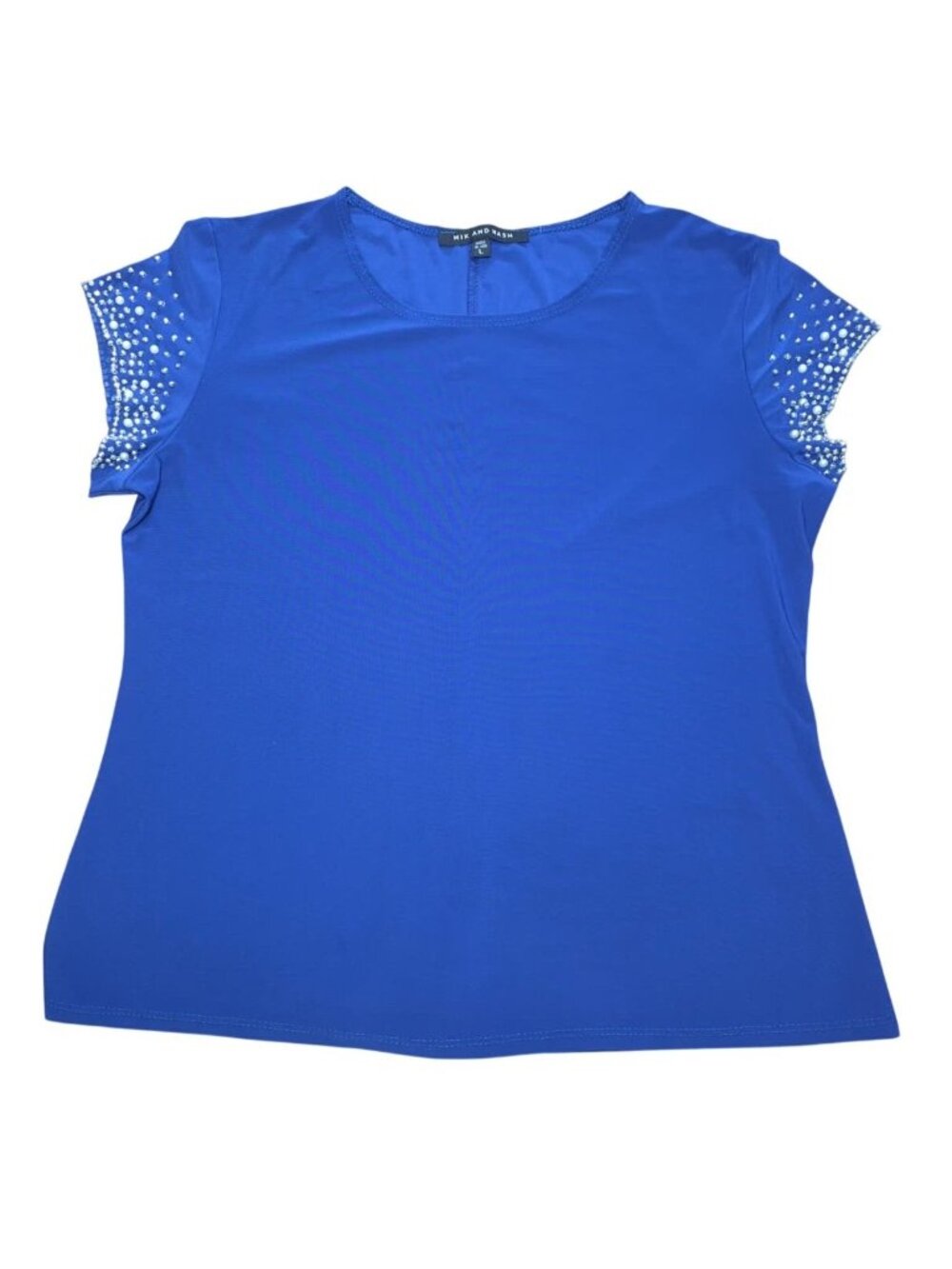Nik & Nash Beaded Short Sleeve Top Women's L Blue Polyester